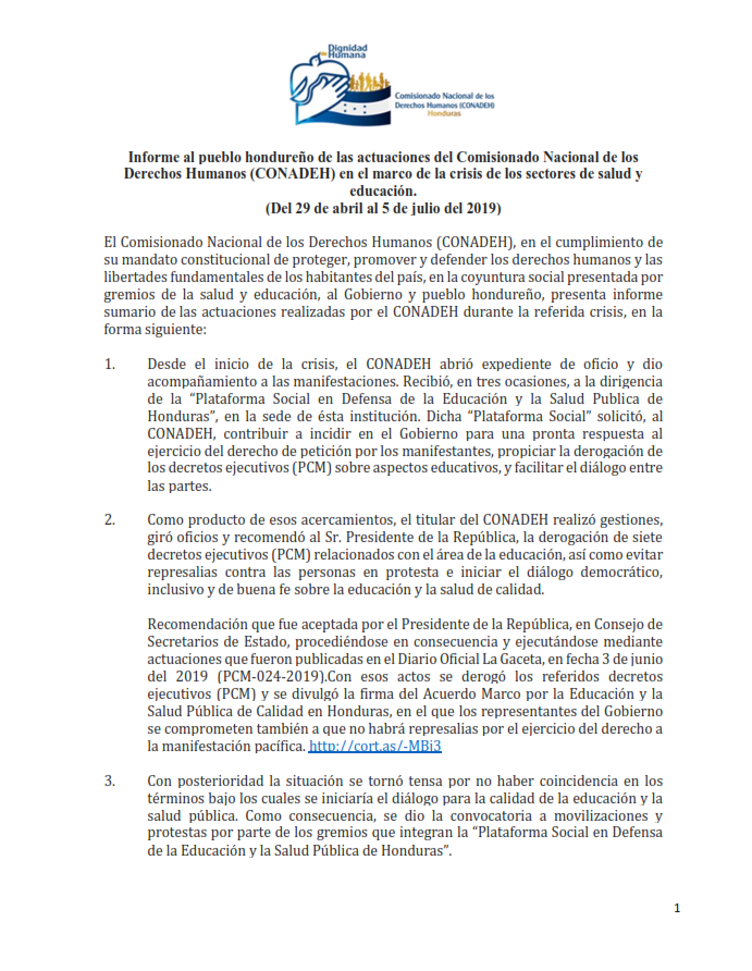 Informe al pueblo hondureño de las actuaciones del Comisionado Nacional de los Derechos Humanos (CONADEH) en el marco de la crisis de los sectores de salud y educación