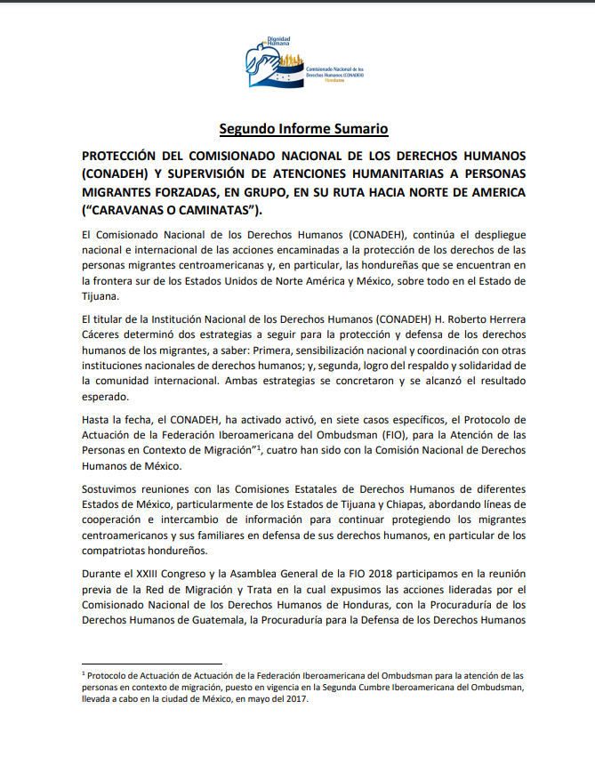 Segundo Informe Sumario Protección Del Comisionado Nacional De Los Derechos Humanos (CONADEH) Y Supervisión De Atenciones Humanitarias A Personas Migrantes Forzadas, En Grupo, En Su Ruta Hacia Norte De América (“CARAVANAS O CAMINATAS”)