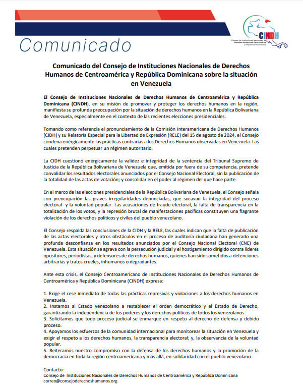 Comunicado del Consejo de Instituciones Nacionales de Derechos Humanos de Centroamérica y República Dominicana sobre la situación en Venezuela