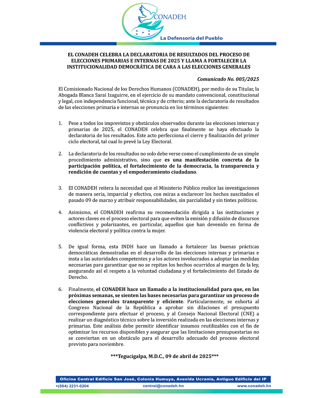 EL CONADEH CELEBRA LA DECLARATORIA DE RESULTADOS DEL PROCESO DE ELECCIONES PRIMARIAS E INTERNAS DE 2025 Y LLAMA A FORTALECER LA INSTITUCIONALIDAD DEMOCRÁTICA DE CARA A LAS ELECCIONES GENERALES