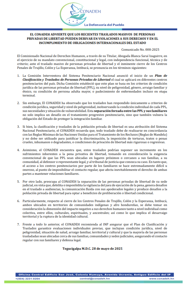 EL CONADEH ADVIERTE QUE LOS RECIENTES TRASLADOS MASIVOS DE PERSONAS PRIVADAS DE LIBERTAD PUEDEN DERIVAR EN VIOLACIONES A SUS DERECHOS Y EN EL INCUMPLIMIENTO DE OBLIGACIONES INTERNACIONALES DEL ESTADO