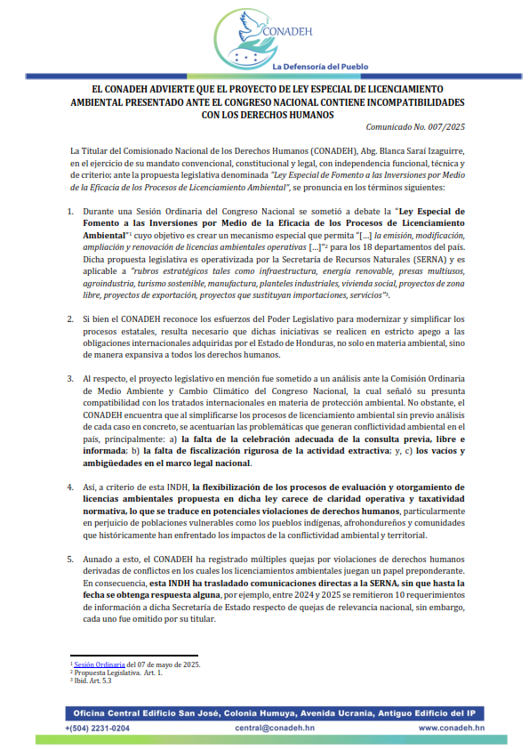 EL CONADEH ADVIERTE QUE EL PROYECTO DE LEY ESPECIAL DE LICENCIAMIENTO AMBIENTAL PRESENTADO ANTE EL CONGRESO NACIONAL CONTIENE INCOMPATIBILIDADES CON LOS DERECHOS HUMANOS