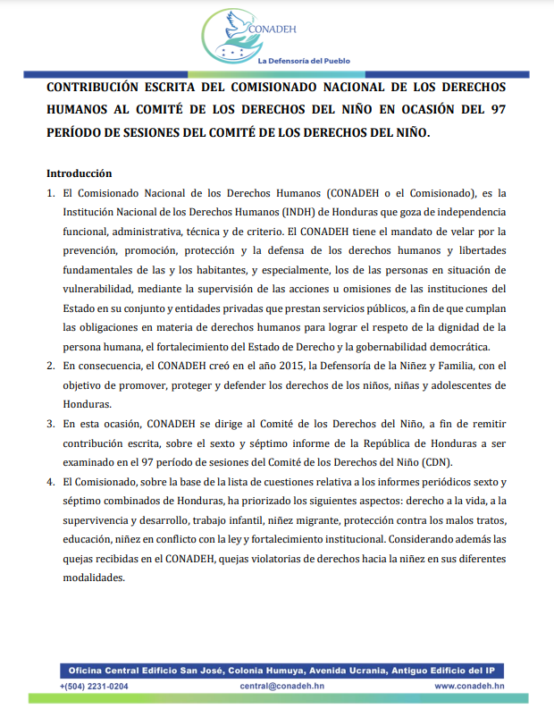 Contribución escrita del CONADEH, sobre el sexto y séptimo informe de la República de Honduras a ser examinado en el 97 período de sesiones del Comité de los Derechos del Niño (CDN)
