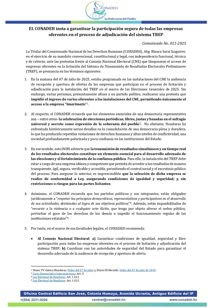 EL CONADEH insta a garantizar la participación segura de todas las empresas oferentes en el proceso de adjudicación del sistema TREP
