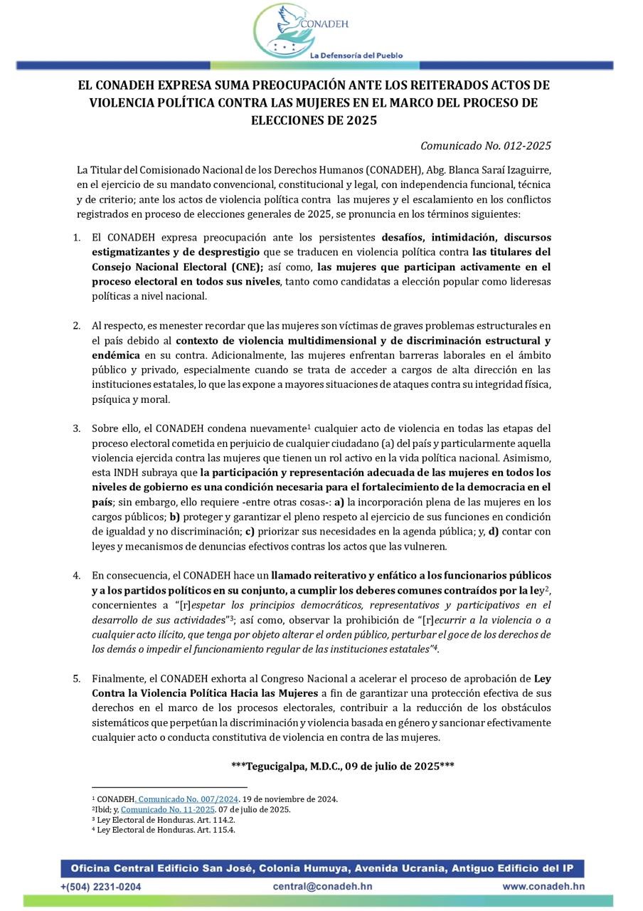 EL CONADEH EXPRESA SUMA PREOCUPACIÓN ANTE LOS REITERADOS ACTOS DE VIOLENCIA POLÍTICA CONTRA LAS MUJERES EN EL MARCO DEL PROCESO DE ELECCIONES DE 2025