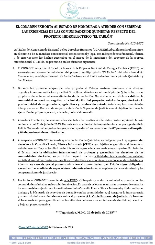 EL CONADEH EXHORTA AL ESTADO DE HONDURAS A ATENDER CON SERIEDAD LAS EXIGENCIAS DE LAS COMUNIDADES DE QUIMISTÁN RESPECTO DEL PROYECTO HIDROELECTRICO “EL TABLÓN”
