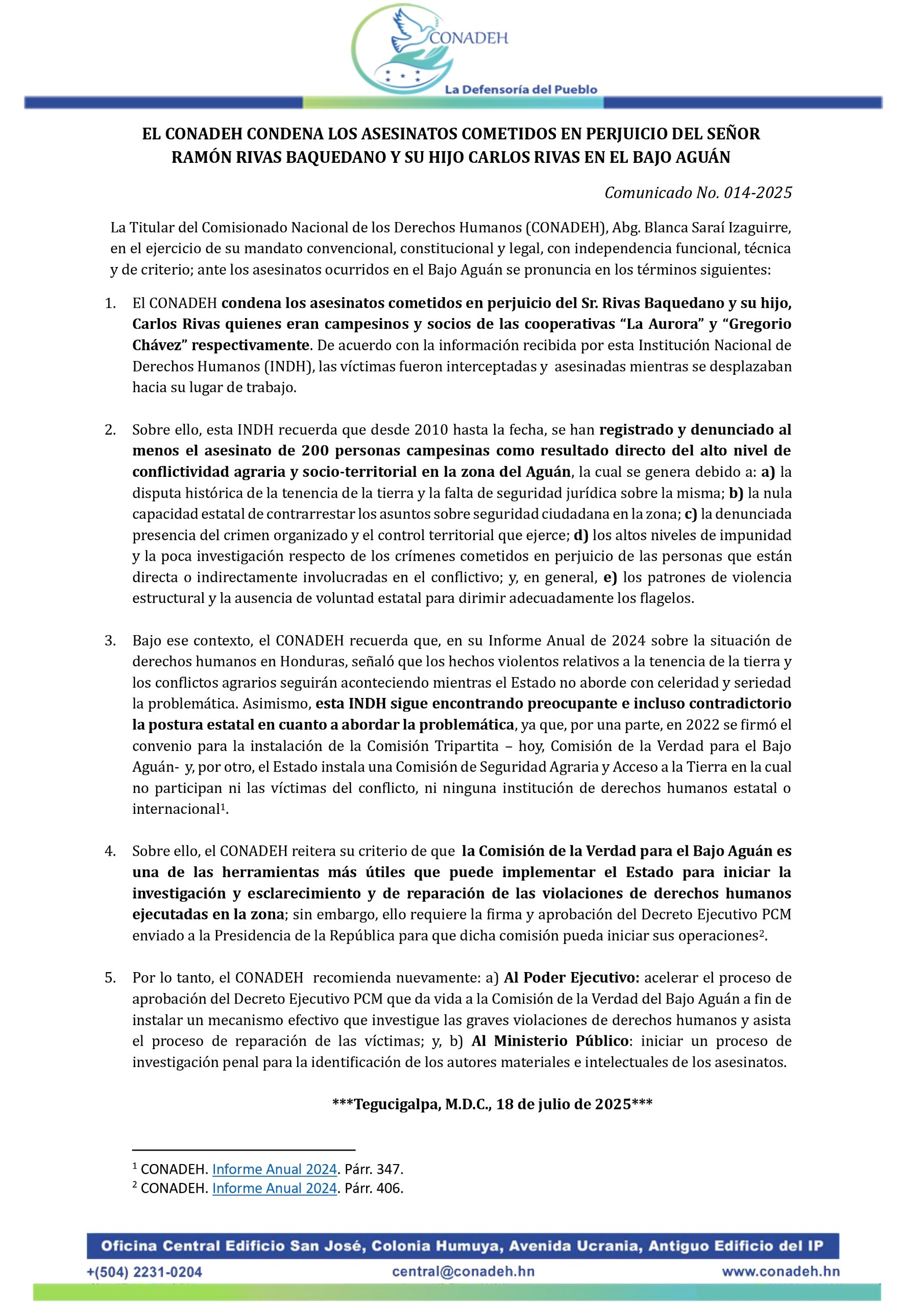 EL CONADEH CONDENA LOS ASESINATOS COMETIDOS EN PERJUICIO DEL SEÑOR RAMÓN RIVAS BAQUEDANO Y SU HIJO CARLOS RIVAS EN EL BAJO AGUÁN