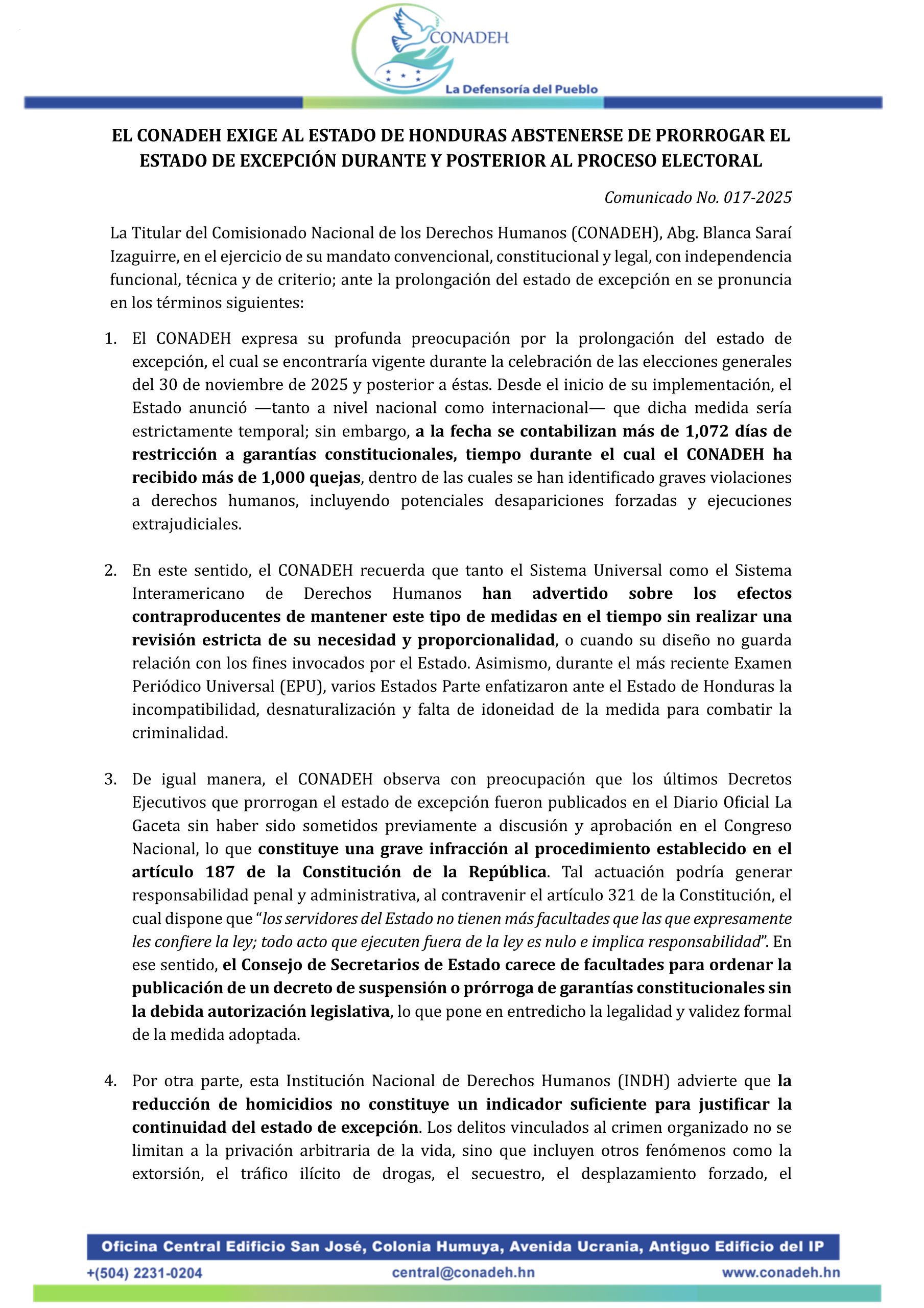 EL CONADEH EXIGE AL ESTADO DE HONDURAS ABSTENERSE DE PRORROGAR EL ESTADO DE EXCEPCIÓN DURANTE Y POSTERIOR AL PROCESO ELECTORAL