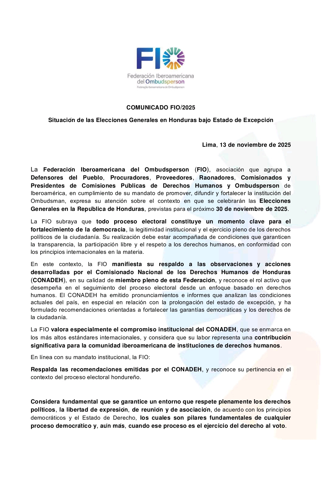 Comunicado de la Federación Iberoamericana del Ombudsperson que agustina a todas las Instituciones Nacionales de Derechos Humanos de Iberoamerica sobre el proceso electoral en Honduras.