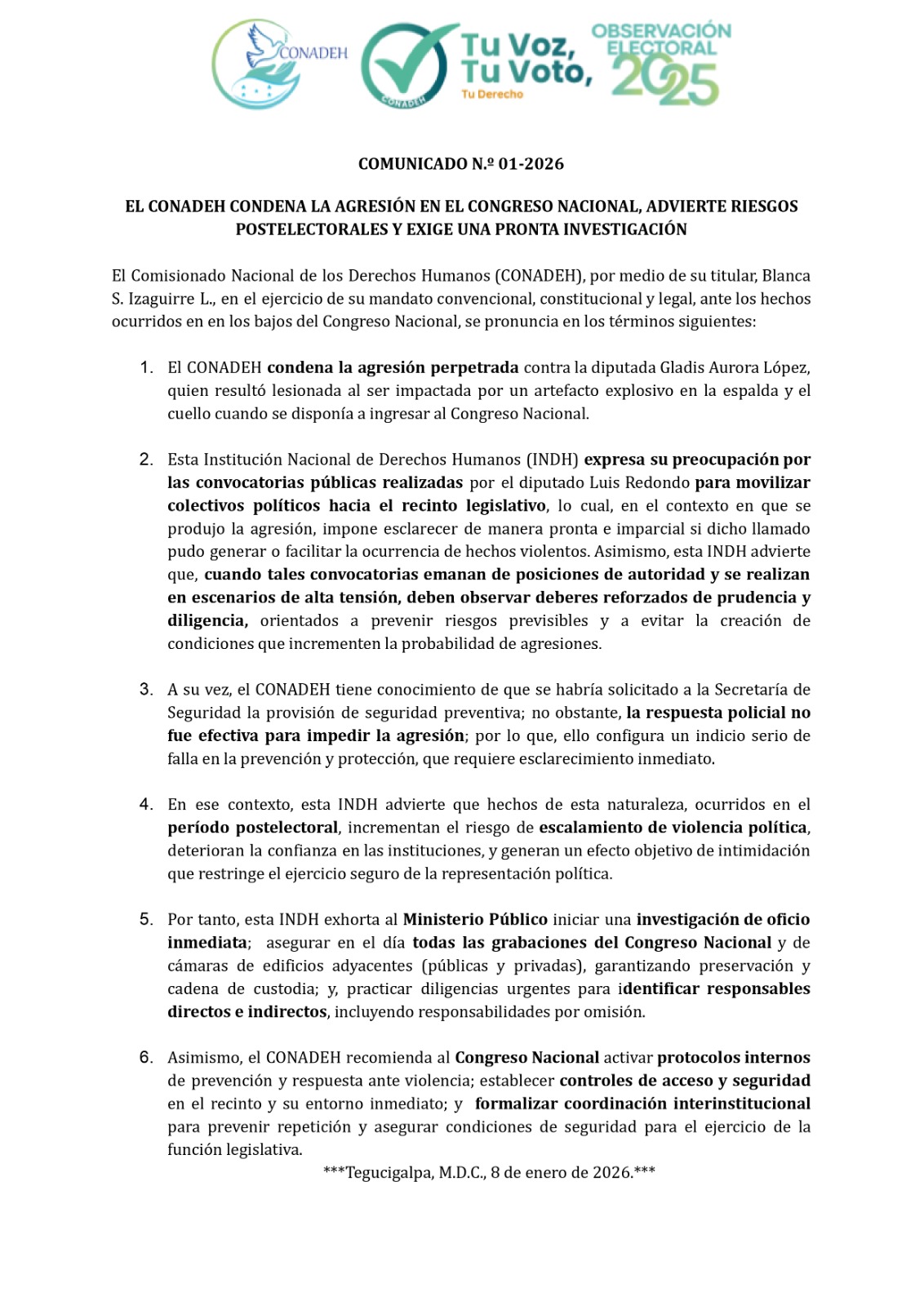EL CONADEH CONDENA LA AGRESIÓN EN EL CONGRESO NACIONAL, ADVIERTE RIESGOS POSTELECTORALES Y EXIGE UNA PRONTA INVESTIGACIÓN