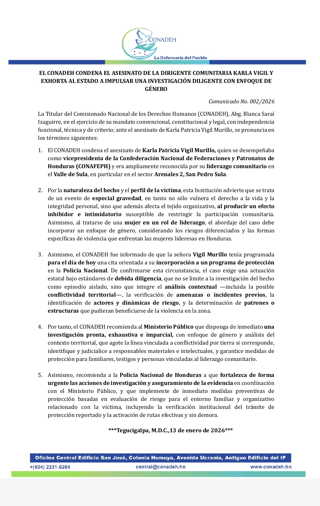 EL CONADEH CONDENA EL ASESINATO DE LA DIRIGENTE COMUNITARIA KARLA VIGIL Y EXHORTA AL ESTADO