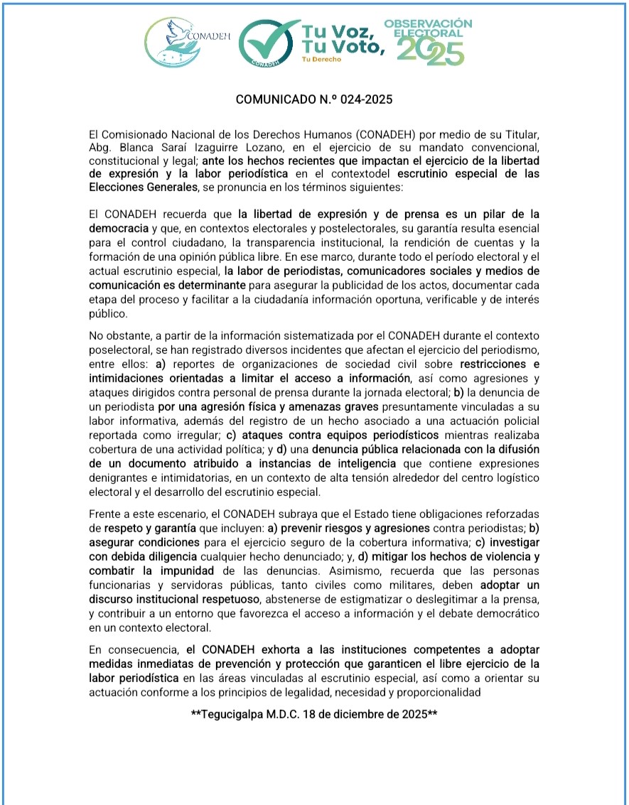 EL CONADEH RECUERDA QUE LA LIBERTAD DE EXPRESIÓN Y DE PRENSA ES UN PILAR DE LA DEMOCRACIA