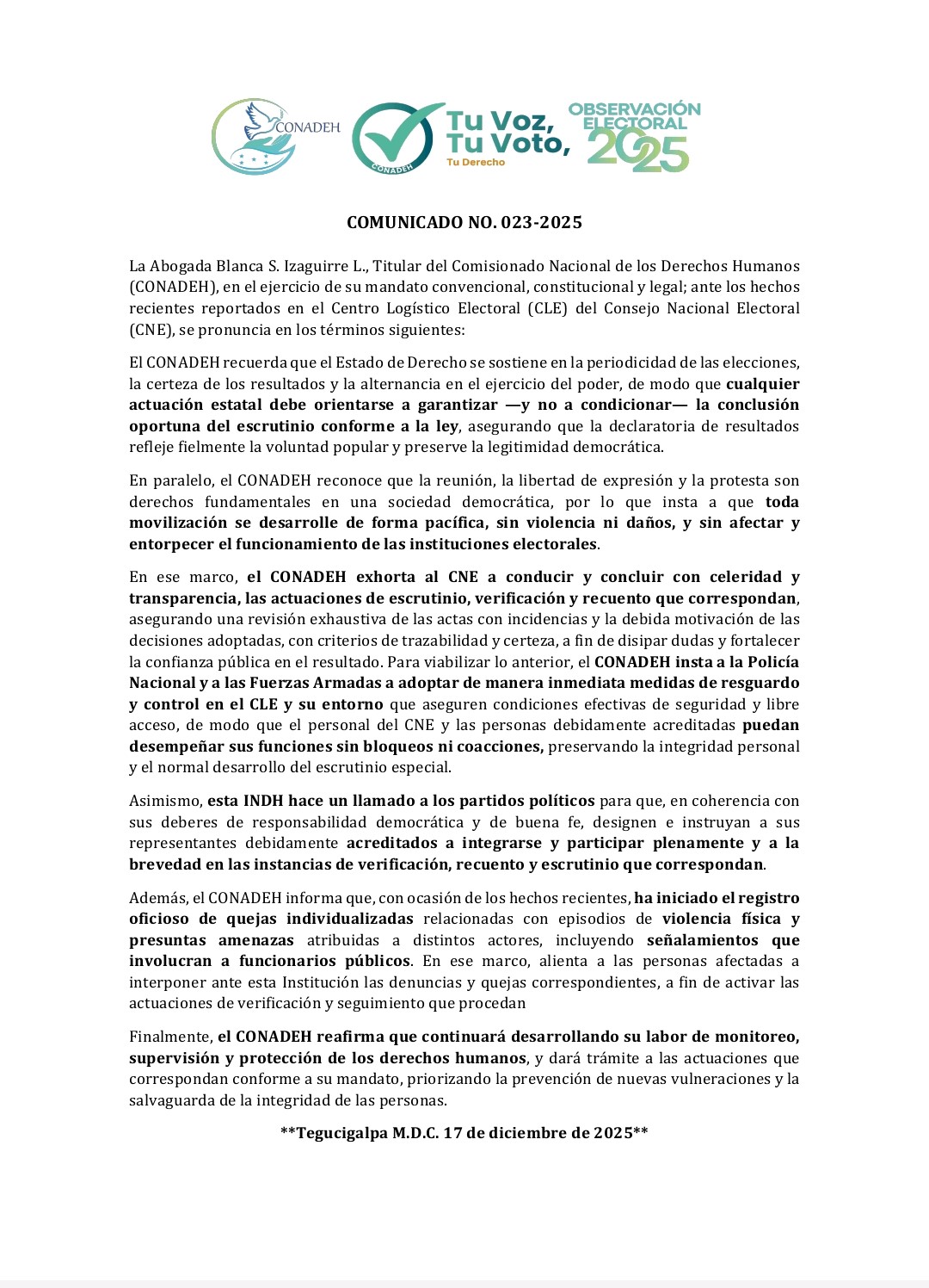 EL CONADEH RECONOCE QUE LA LIBERTAD DE EXPRESION Y LA PROTESTA SON DERECHOS FUNDAMENTAL EN UNA SOCIEDAD DEMOCRÁTICA