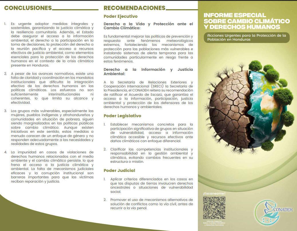 Trifolio sobre el informe especial sobre cambio climático y derechos humanos en Honduras.