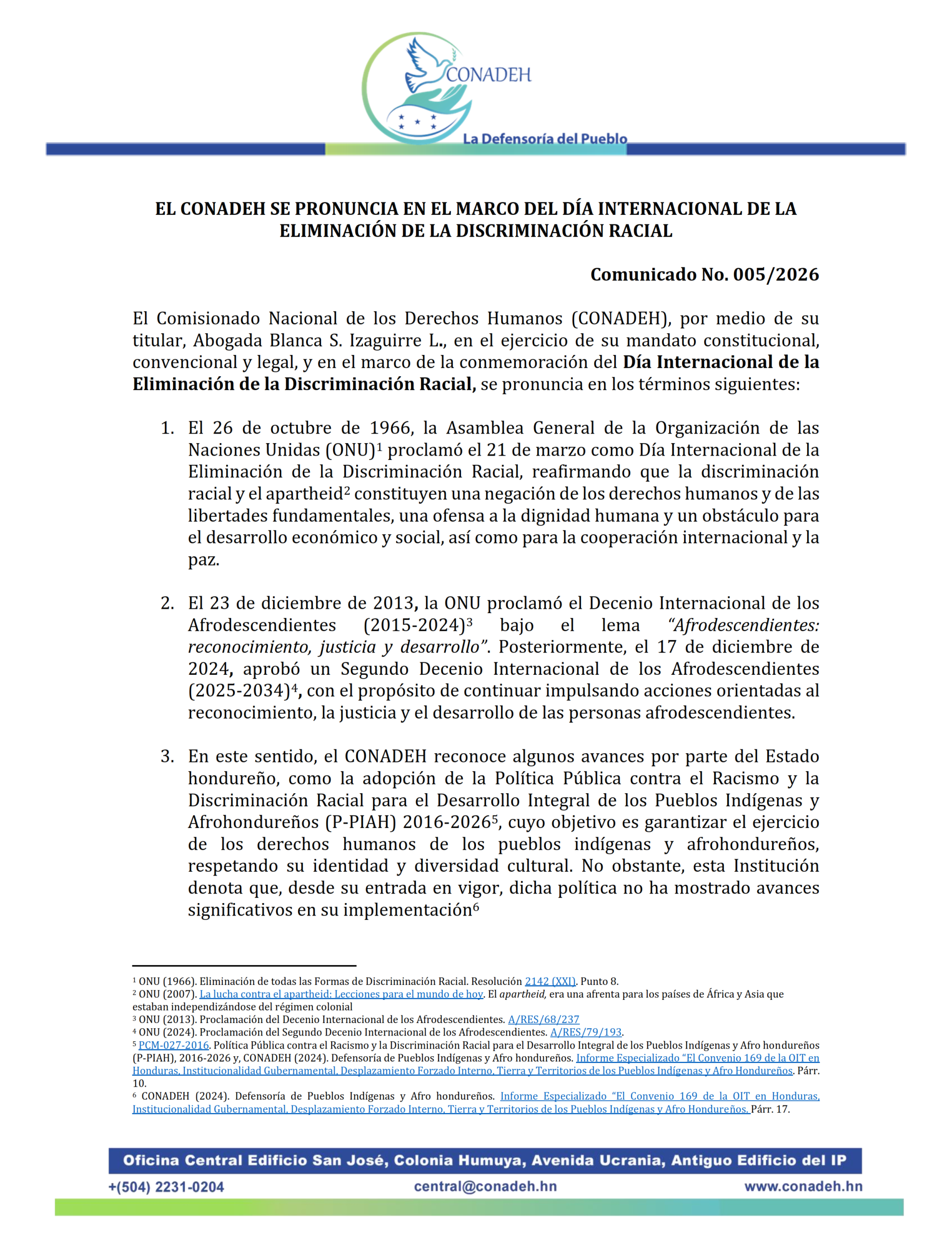 EL CONADEH SE PRONUNCIA EN EL MARCO DEL DÍA INTERNACIONAL DE LA ELIMINACIÓN DE LA DISCRIMINACIÓN RACIAL