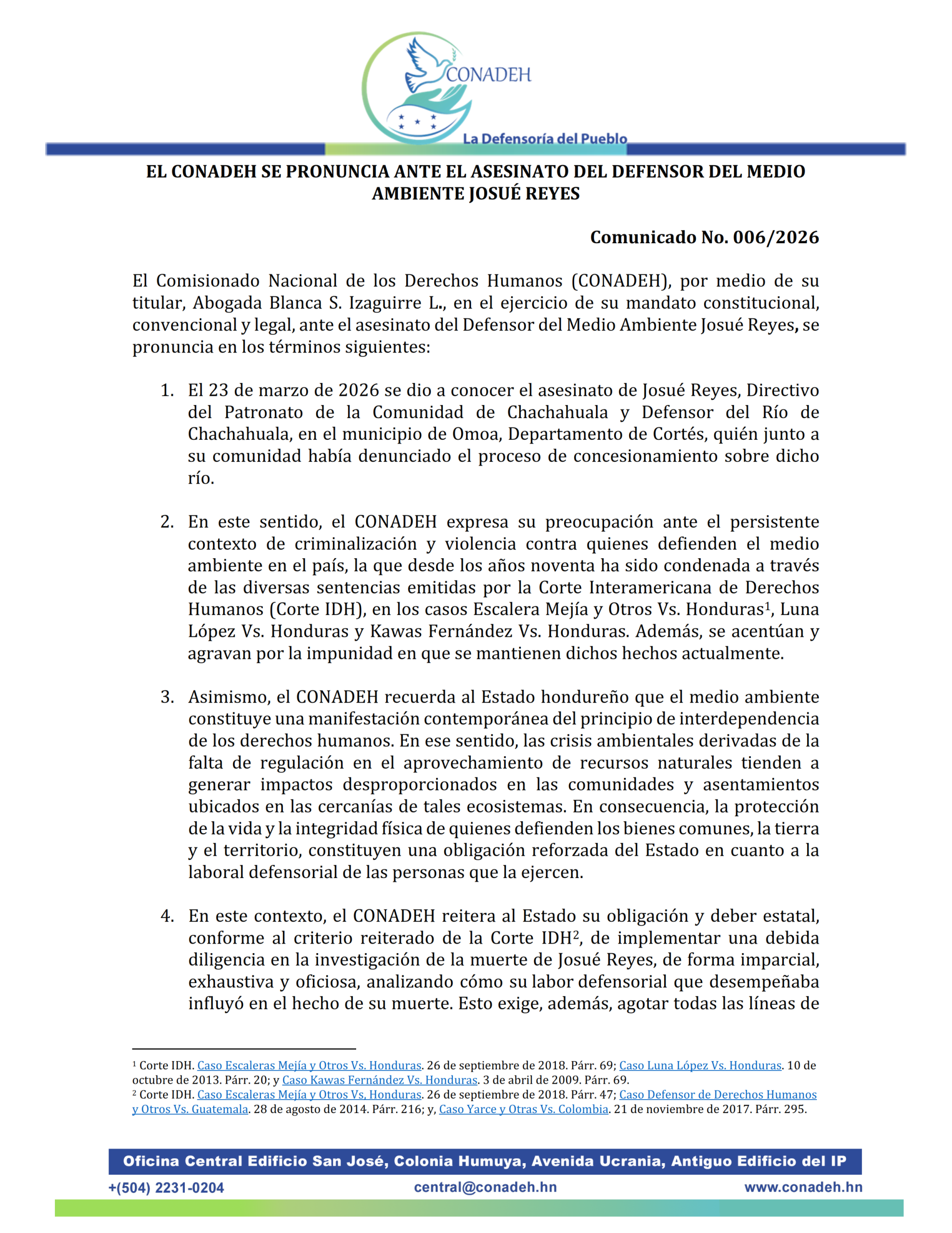 EL CONADEH SE PRONUNCIA ANTE EL ASESINATO DEL DEFENSOR DEL MEDIO AMBIENTE JOSUÉ REYES