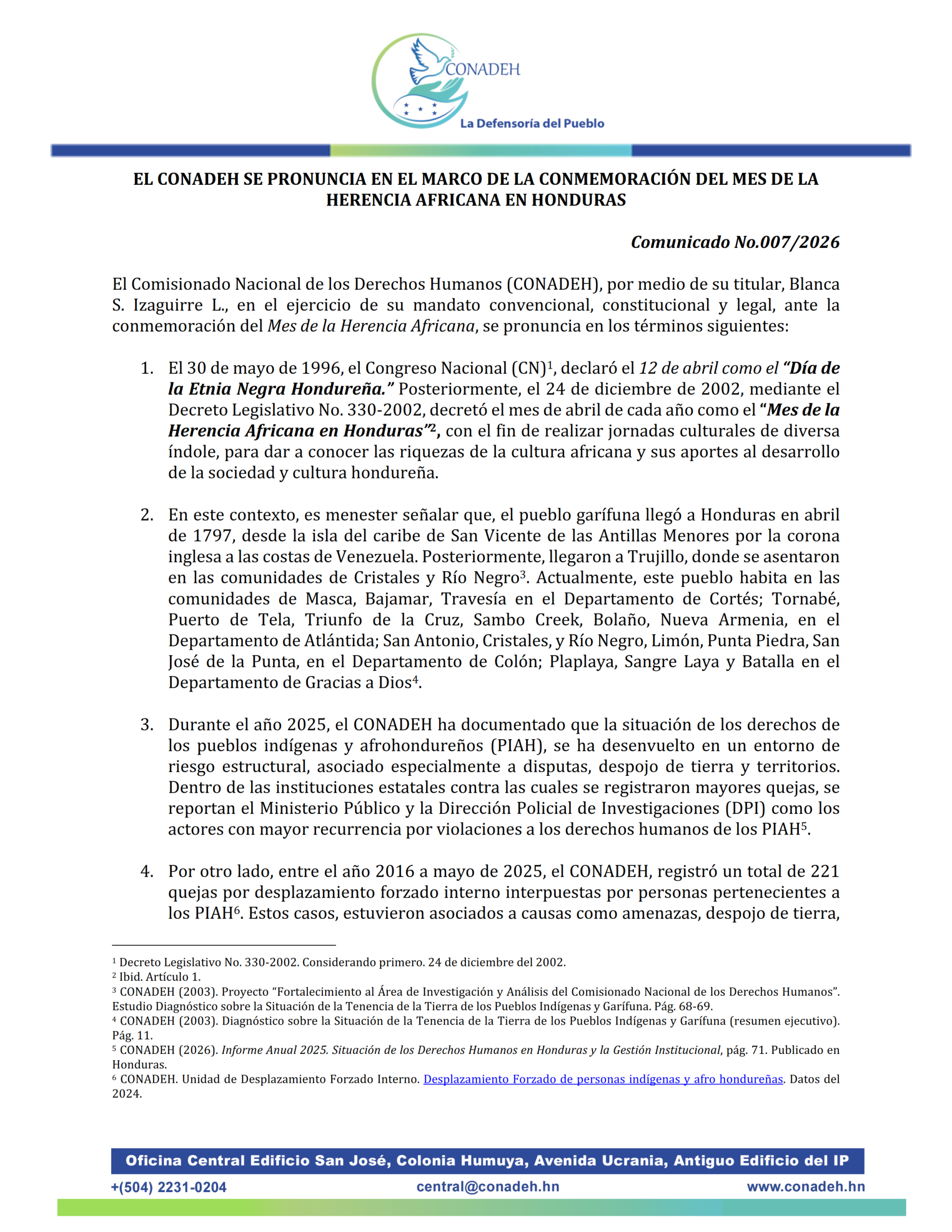 EL CONADEH SE PRONUNCIA EN EL MARCO DE LA CONMEMORACIÓN DEL MES DE LA HERENCIA AFRICANA EN HONDURAS