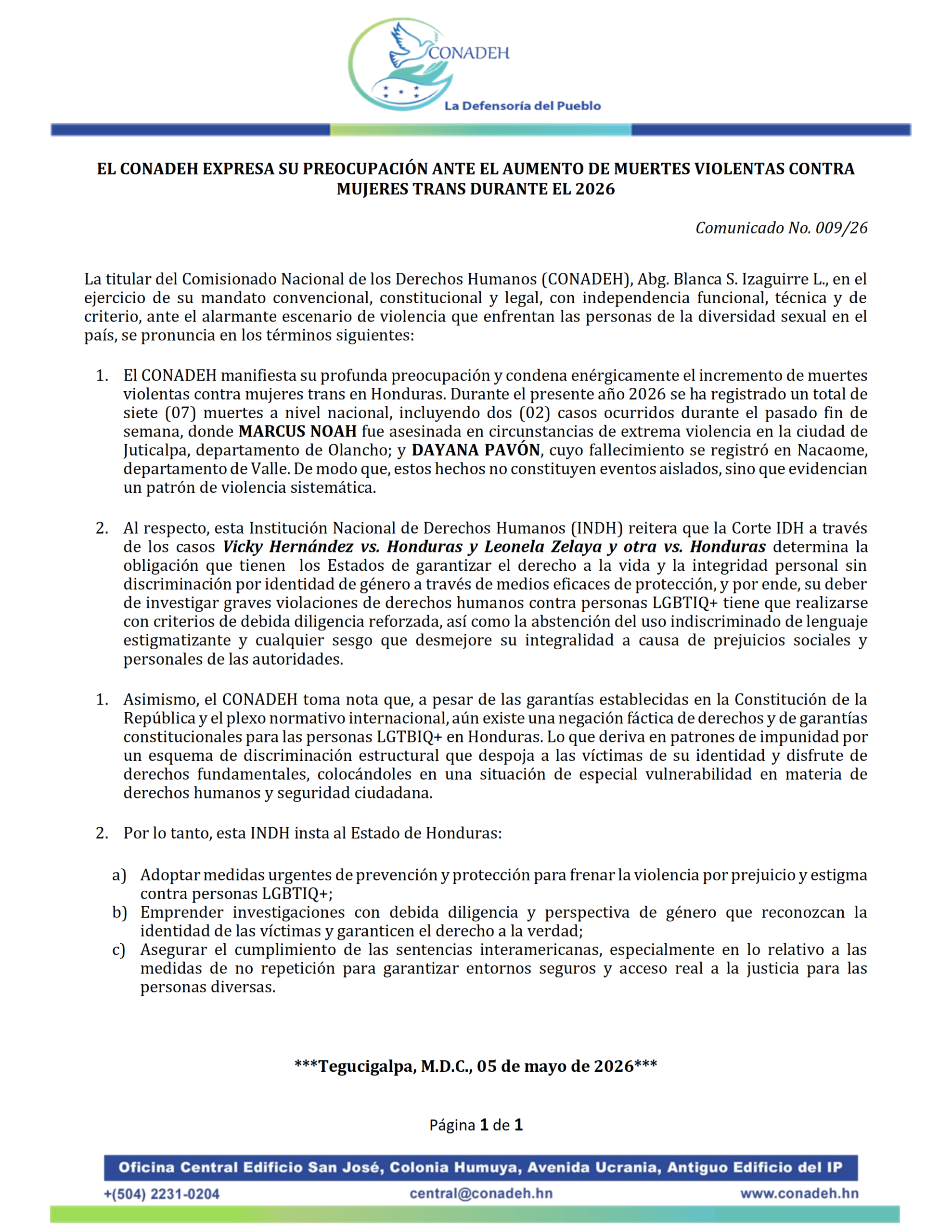 EL CONADEH EXPRESA SU PREOCUPACIÓN ANTE EL AUMENTO DE MUERTES VIOLENTAS CONTRA MUJERES TRANS DURANTE EL 2026