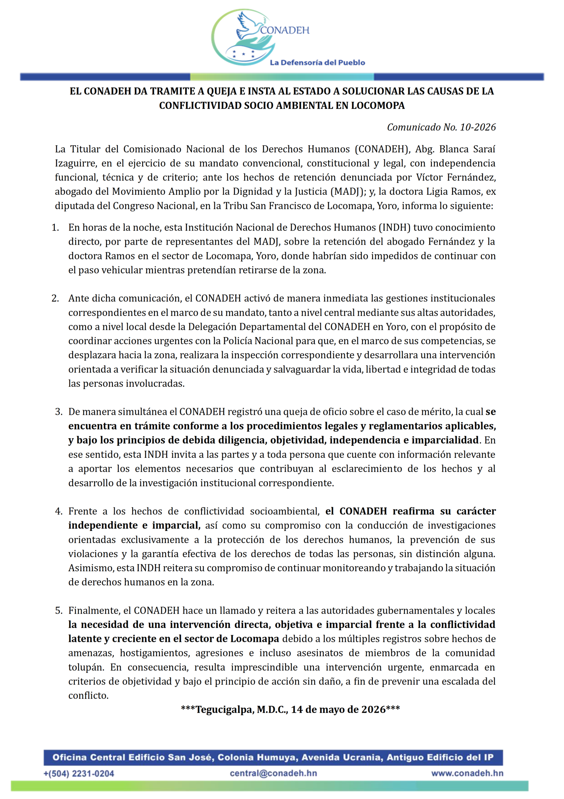 El CONADEH da tramite a queja e insta al Estado a solucionar las causas de la conflictividad socio ambiental en Locomopa