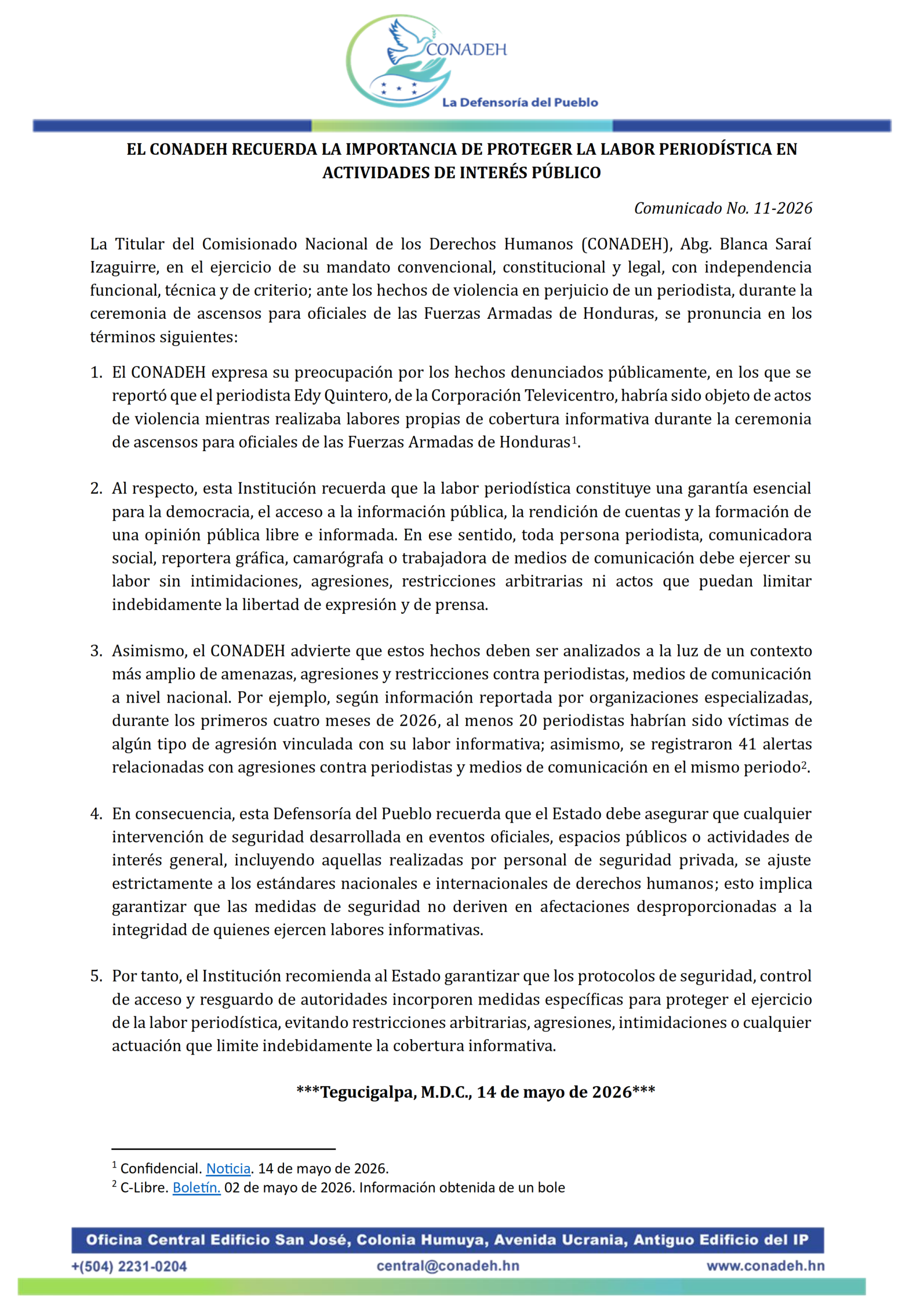 El CONADEH recuerda la importancia de proteger la labor periodística en actividades de interés público