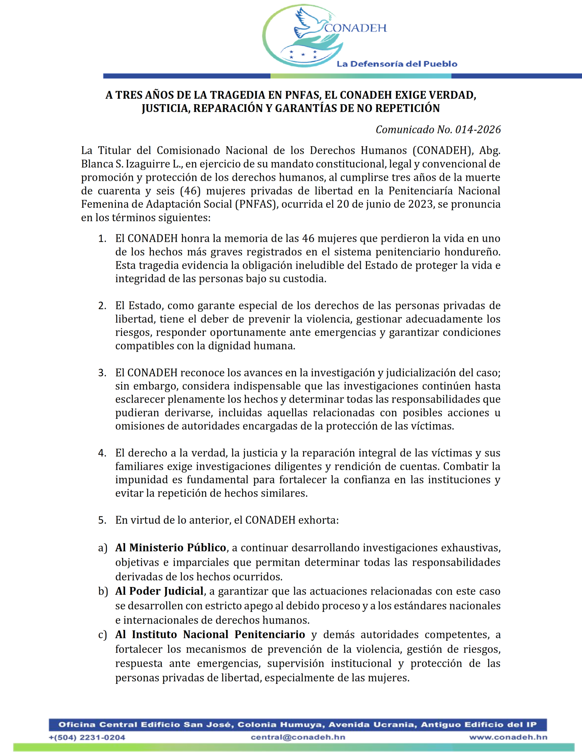A TRES AÑOS DE LA TRAGEDIA EN PNFAS, EL CONADEH EXIGE VERDAD, JUSTICIA, REPARACIÓN Y GARANTÍAS DE NO REPETICIÓN