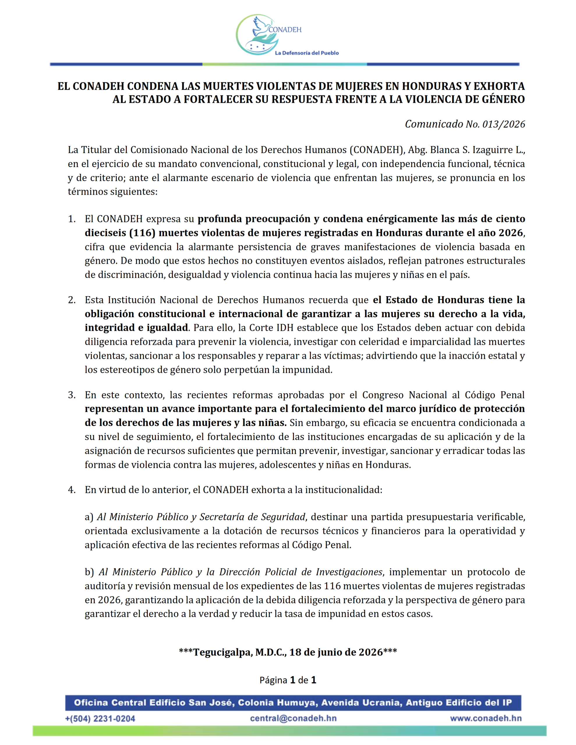 EL CONADEH CONDENA LAS MUERTES VIOLENTAS DE MUJERES EN HONDURAS Y EXHORTA AL ESTADO A FORTALECER SU RESPUESTA FRENTE A LA VIOLENCIA DE GÉNERO