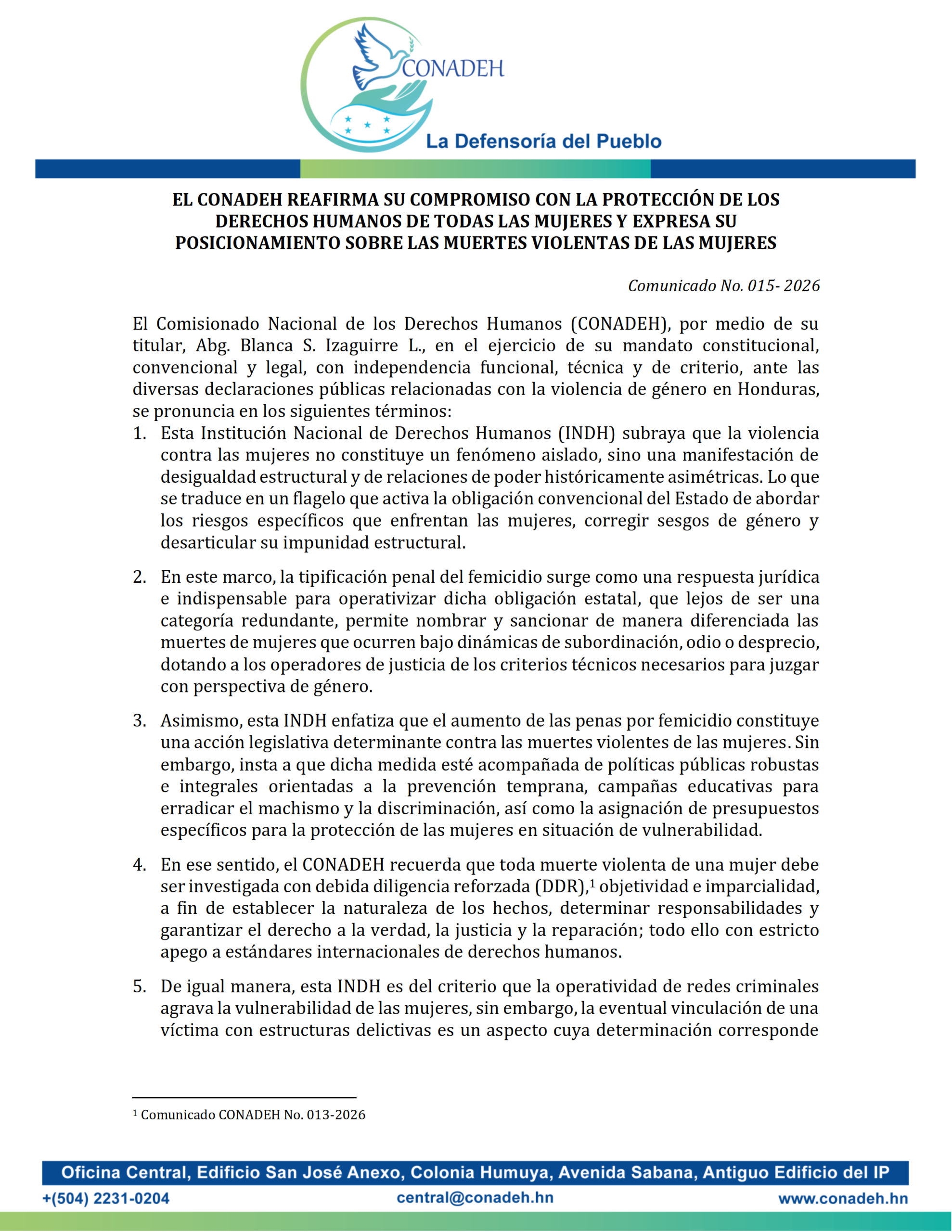 EL CONADEH REAFIRMA SU COMPROMISO CON LA PROTECCIÓN DE LOS DERECHOS HUMANOS DE TODAS LAS MUJERES Y EXPRESA SU POSICIONAMIENTO SOBRE LAS MUERTES VIOLENTAS DE LAS MUJERES