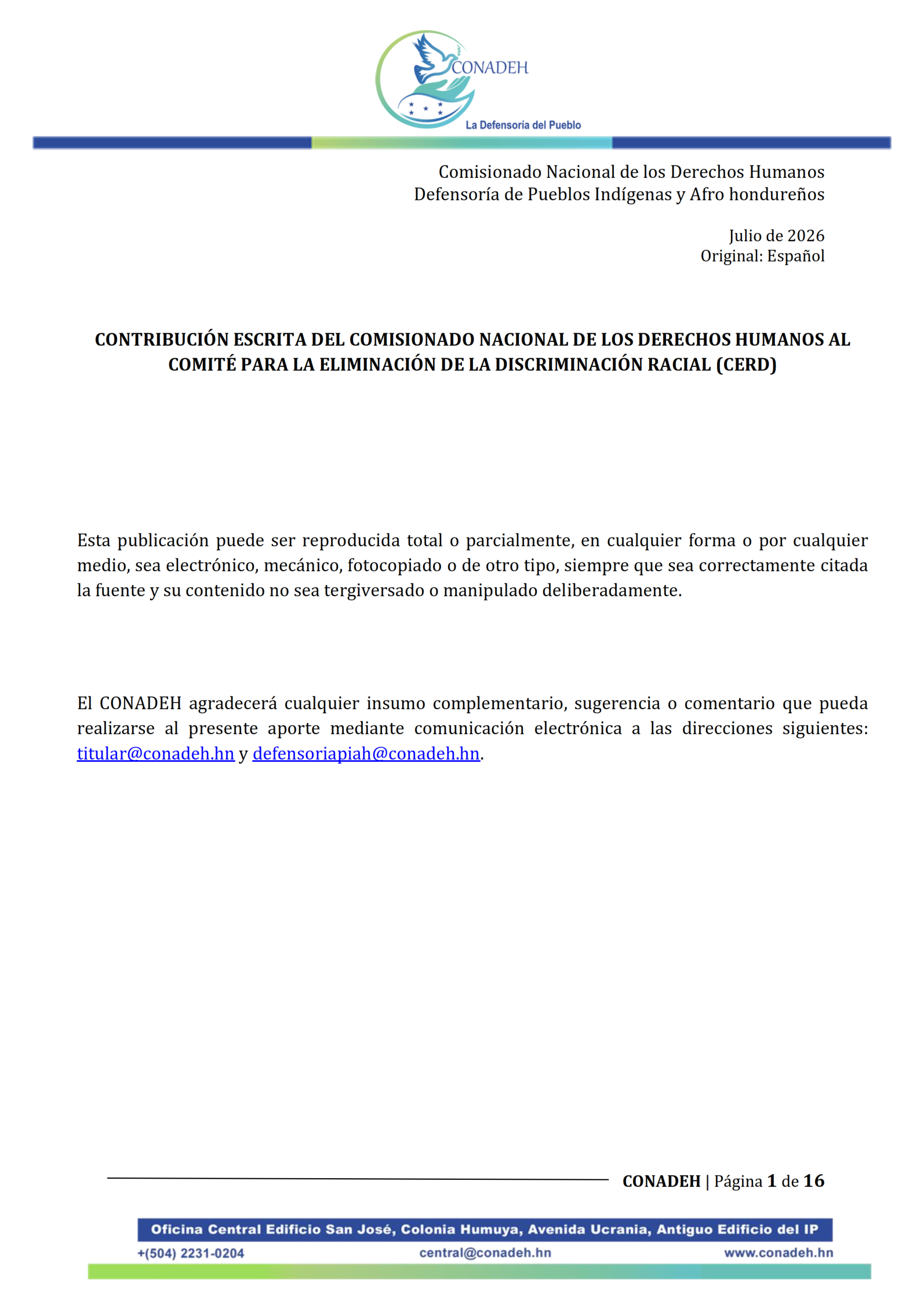 CONTRIBUCIÓN ESCRITA DEL COMISIONADO NACIONAL DE LOS DERECHOS HUMANOS AL COMITÉ PARA LA ELIMINACIÓN DE LA DISCRIMINACIÓN RACIAL (CERD)