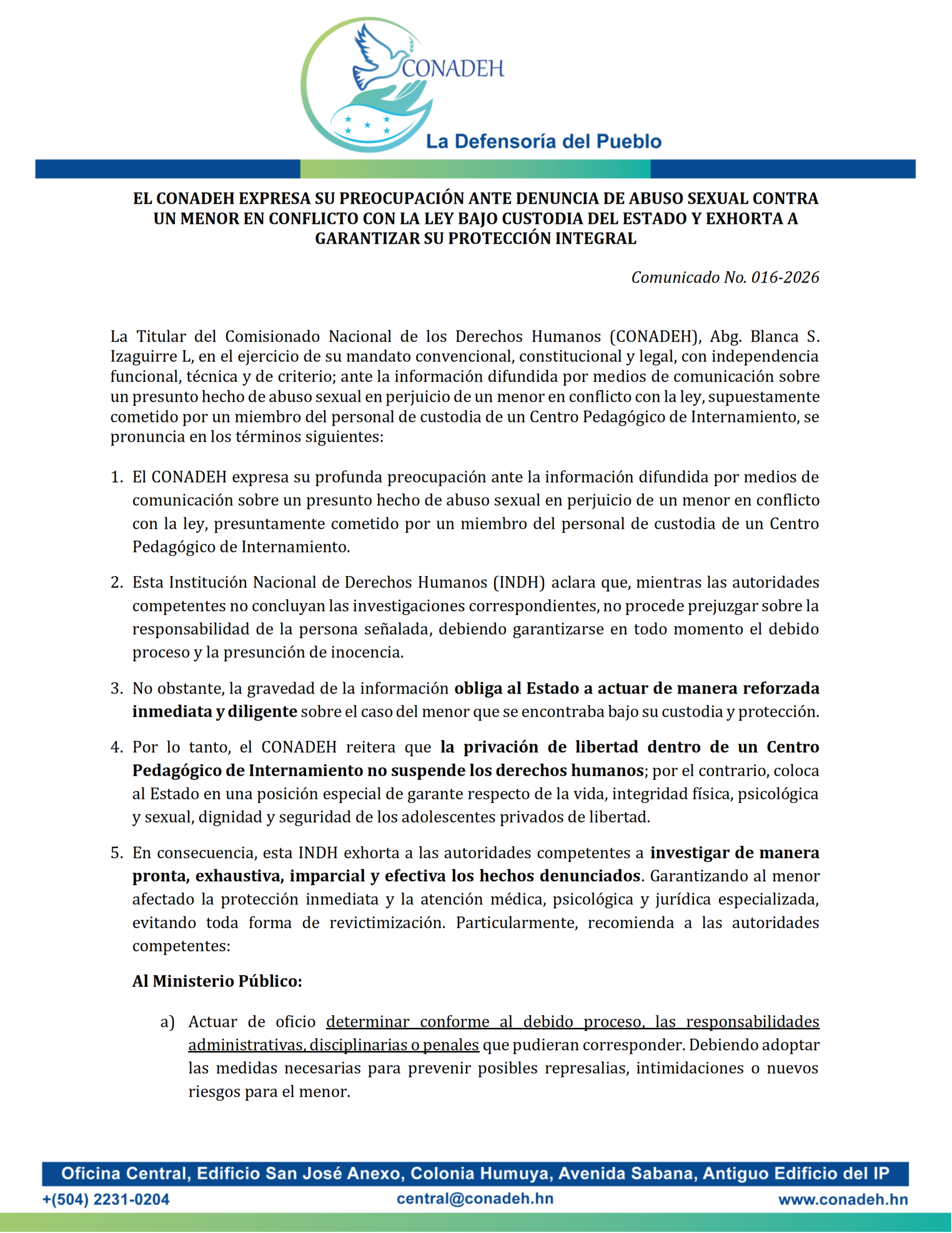 EL CONADEH EXPRESA SU PREOCUPACIÓN ANTE DENUNCIA DE ABUSO SEXUAL CONTRA UN MENOR EN CONFLICTO CON LA LEY BAJO CUSTODIA DEL ESTADO Y EXHORTA A GARANTIZAR SU PROTECCIÓN INTEGRAL